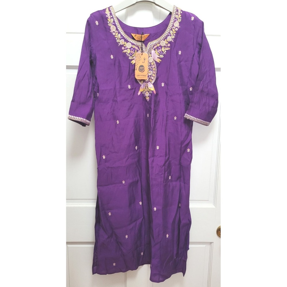 Janvi Women's Silk Blend Long Kurta Set - Embroidered Birds - Deep Purple - XL